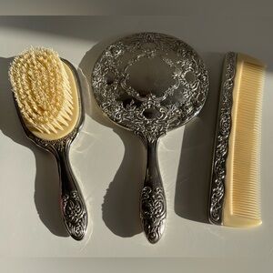 Ornate Silver Vanity Brush, Mirror & Comb Set - Ivory colour Bristles